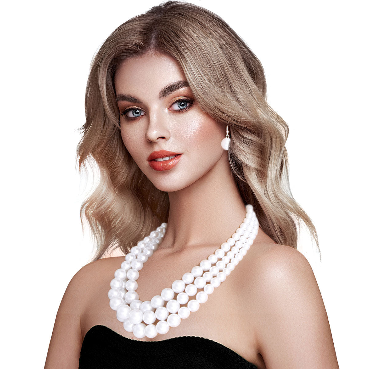 White Pearl 3-Strand Rhodium-Plated Necklace Set