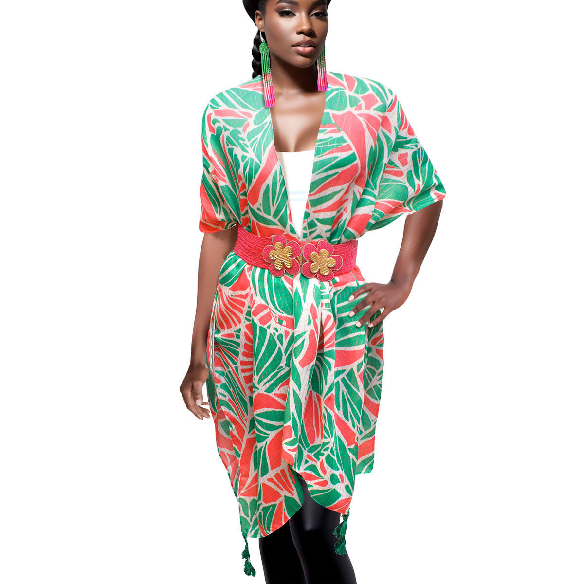 Kimono Lurex Tropical Pink Orange and Green Women