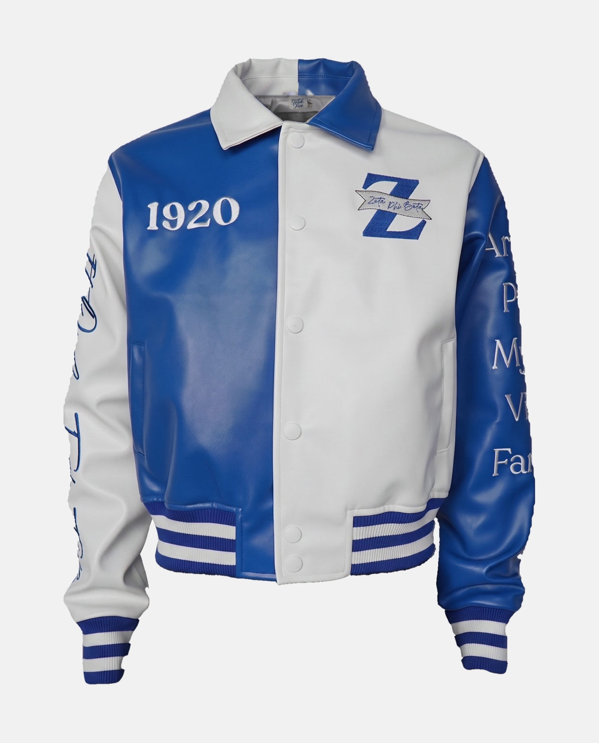 5 For the Founders Leather Jacket, front: Royal Blue and white split panels, split shirt collar, striped rib cuffs and hem