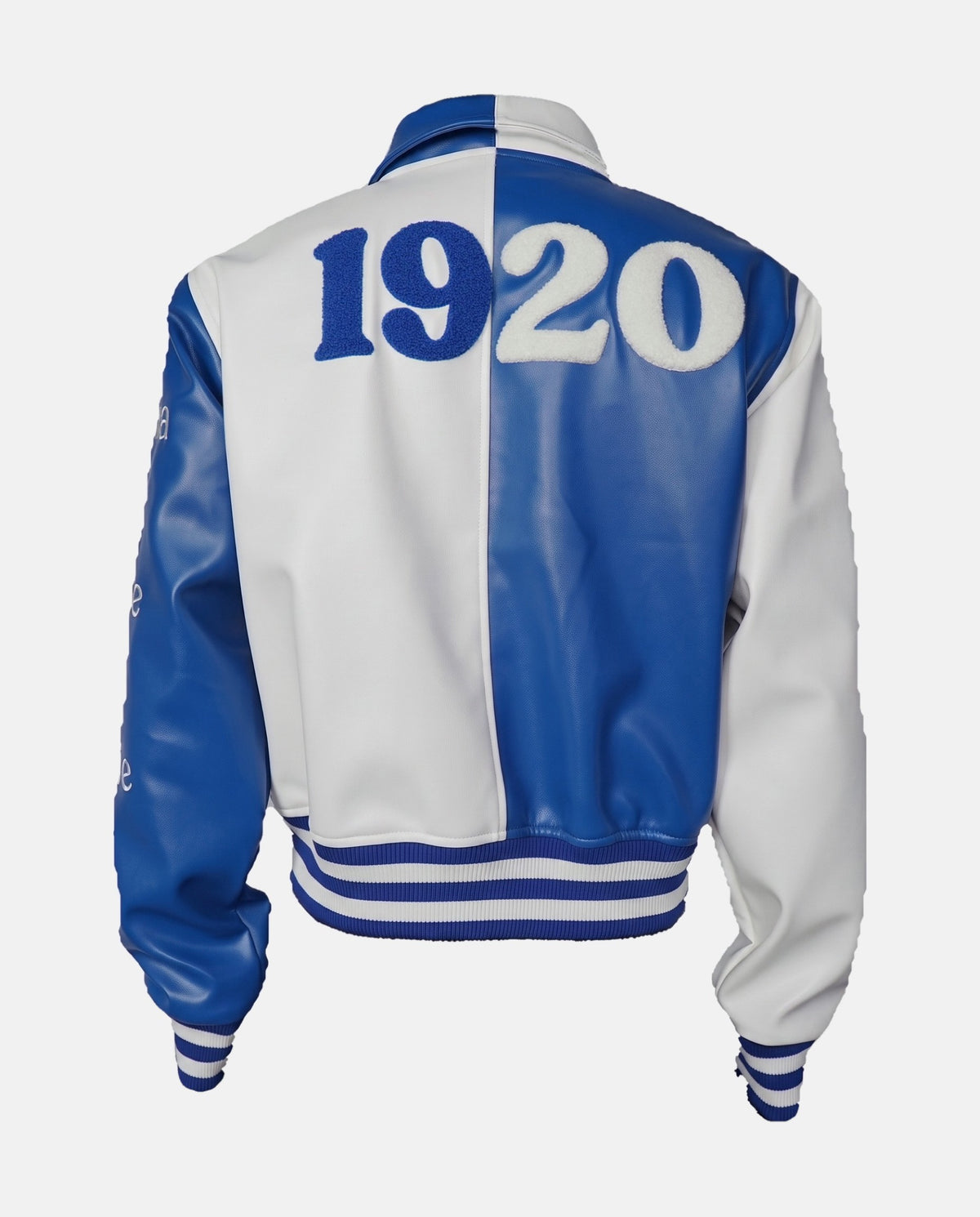 5 For the Founders Leather Jacket, back: 1920 split in Royal Blue and white chenille