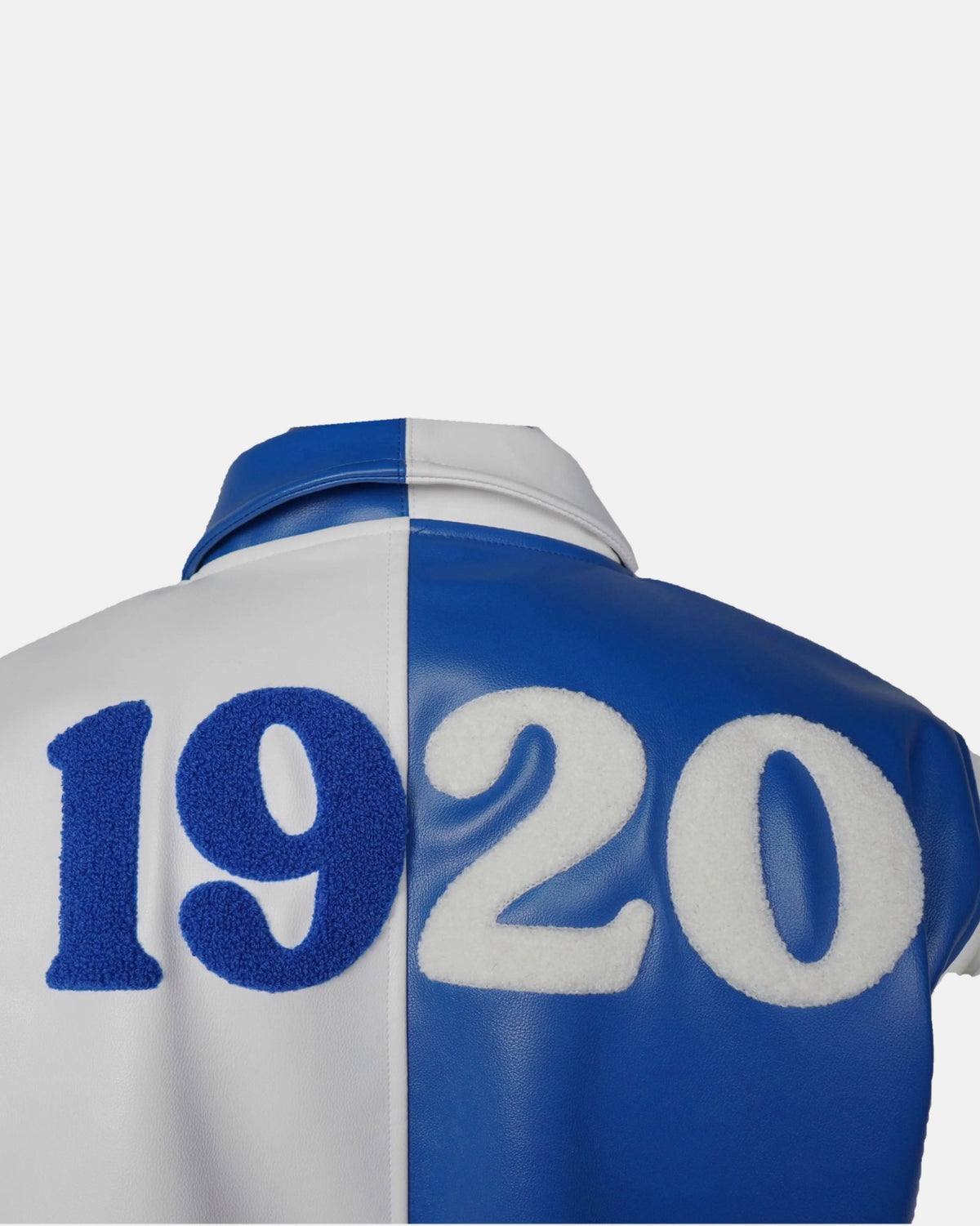 Detail: 19 in Royal Blue and 20 in white chenille across the split back