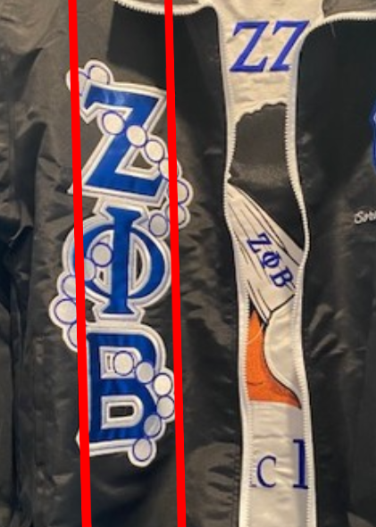 Black jacket with 'Zeta Phi Beta' letters on a white background