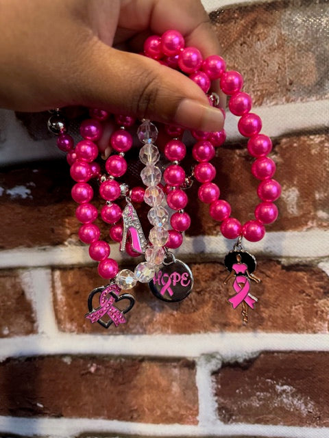 Breast Cancer Pink Pearl Hope 4 Pc Bracelets
