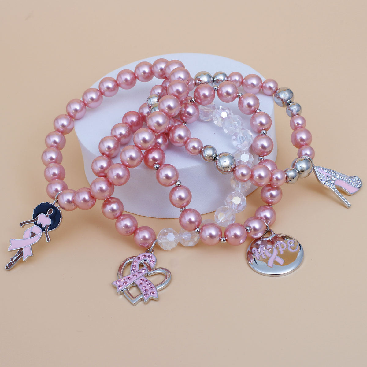 Breast Cancer Light Pink Pearl Hope 4 Pc Bracelets