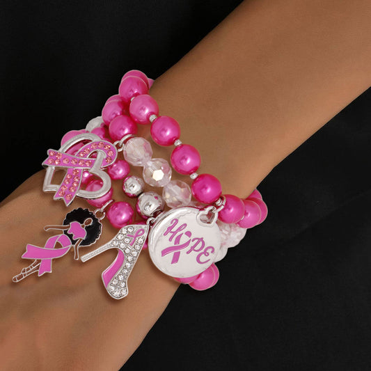 Breast Cancer Pink Pearl Hope 4 Pc Bracelets