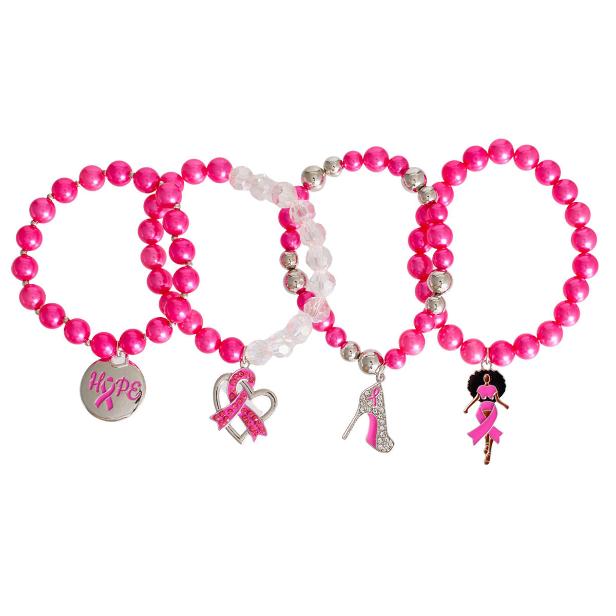 Breast Cancer Pink Pearl Hope 4 Pc Bracelets