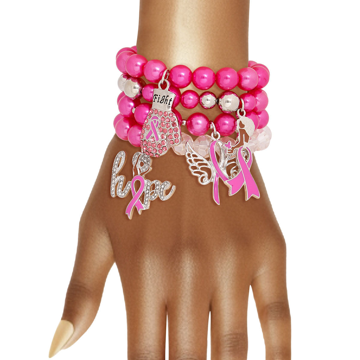 Breast Cancer Pink Pearl Fight 4 Pc Bracelets