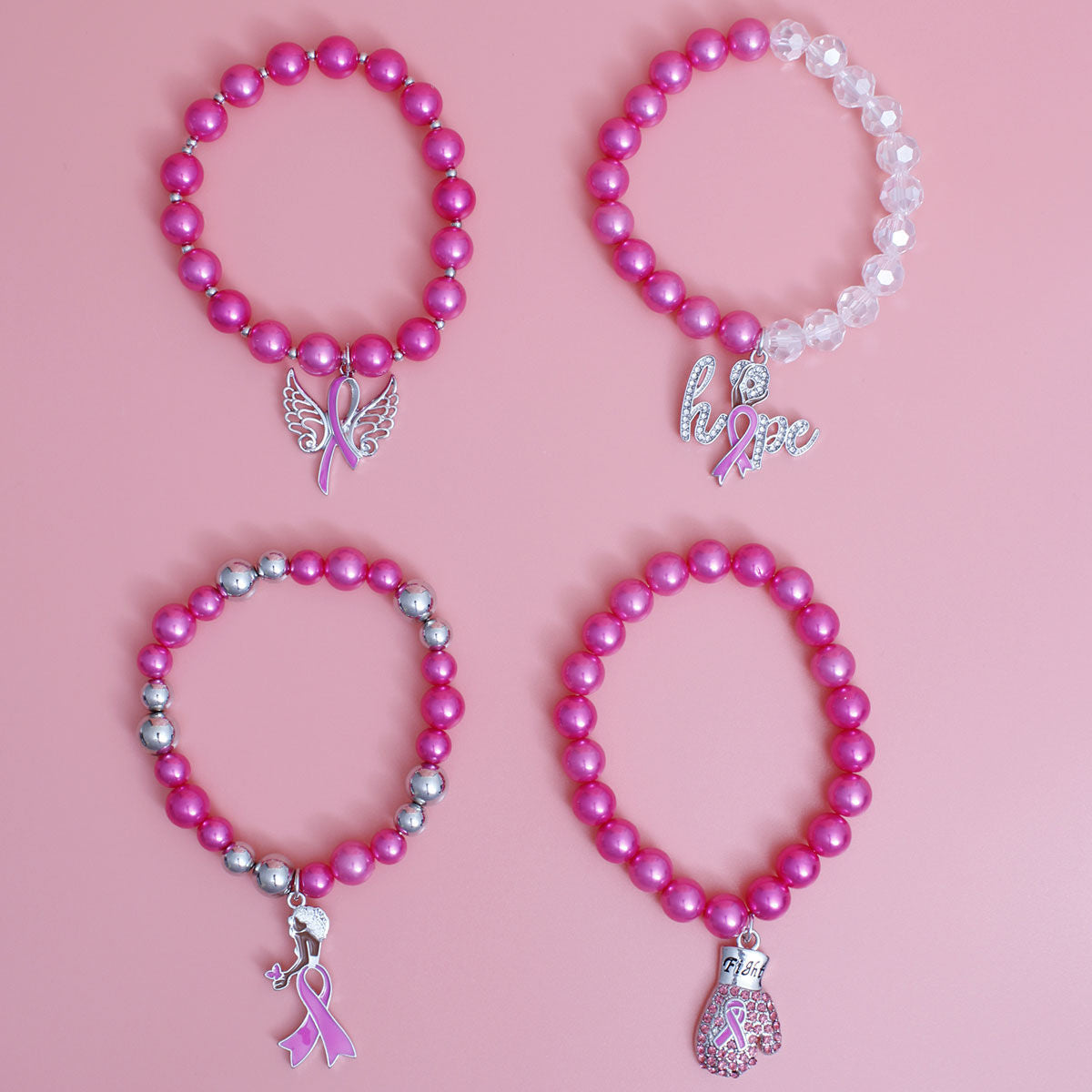 Breast Cancer Pink Pearl Fight 4 Pc Bracelets