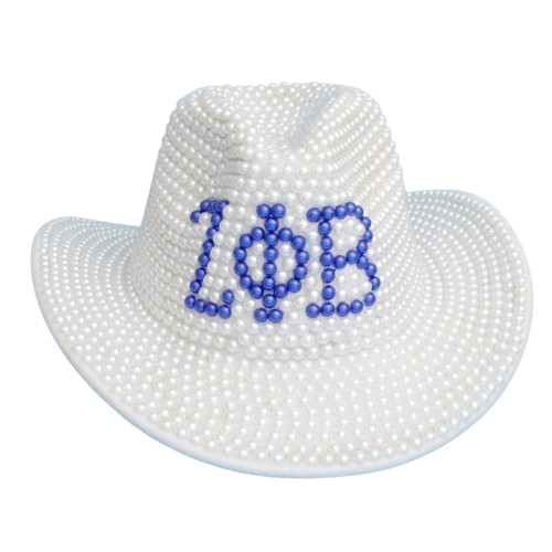 ZPB Sorority White and Blue Pearl Fedora Hat Women