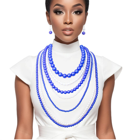 ZPB Sorority Blue White Pearl Long 7 Row Necklace