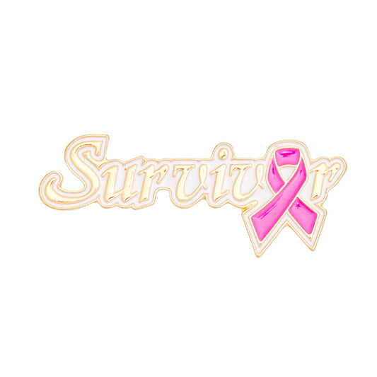 Breast Cancer Brooch Gold White Pink Ribbon Survivor Pin