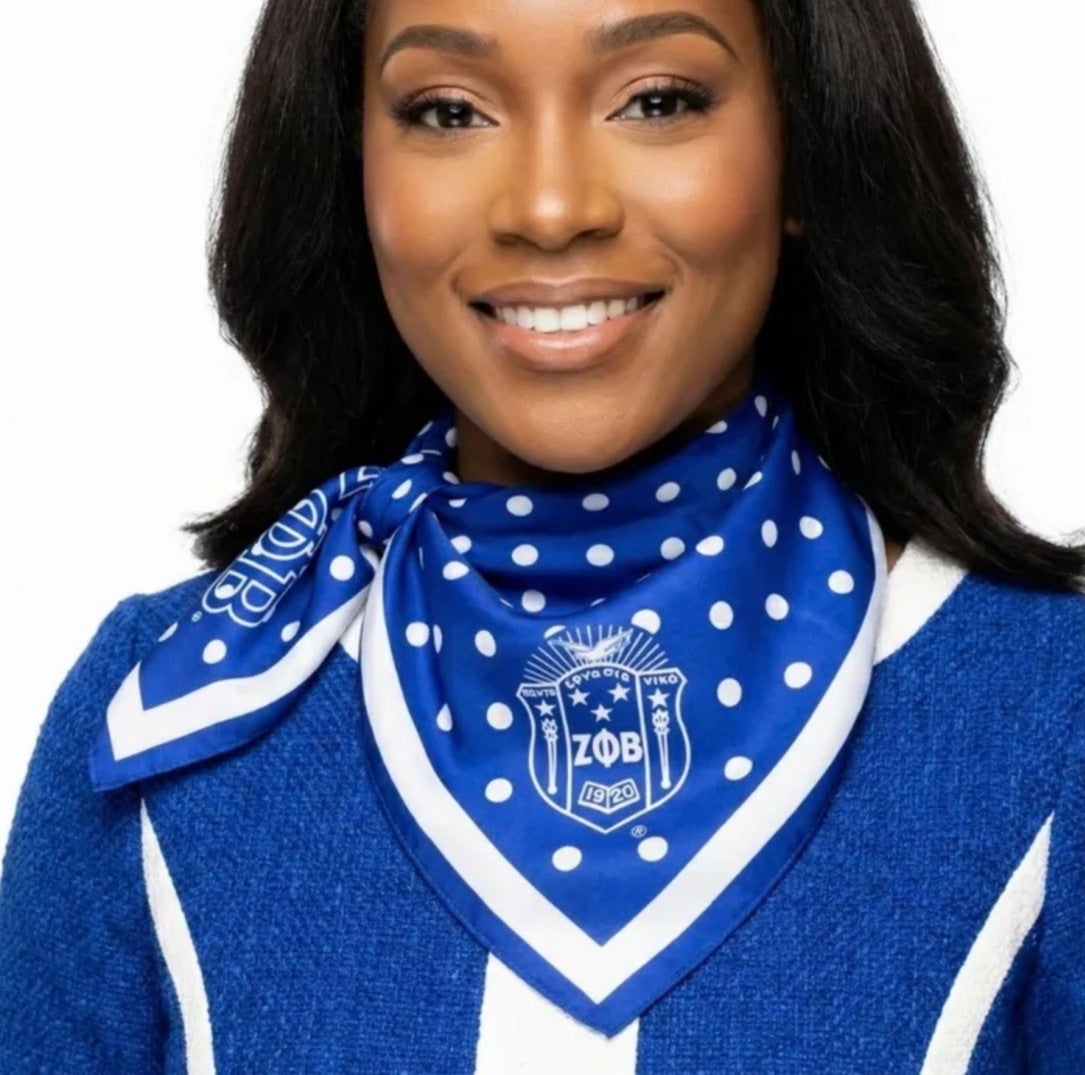 Zeta Phi Beta Polka Dot Scarf in Royal Blue with the white crest and border, tied at the neck