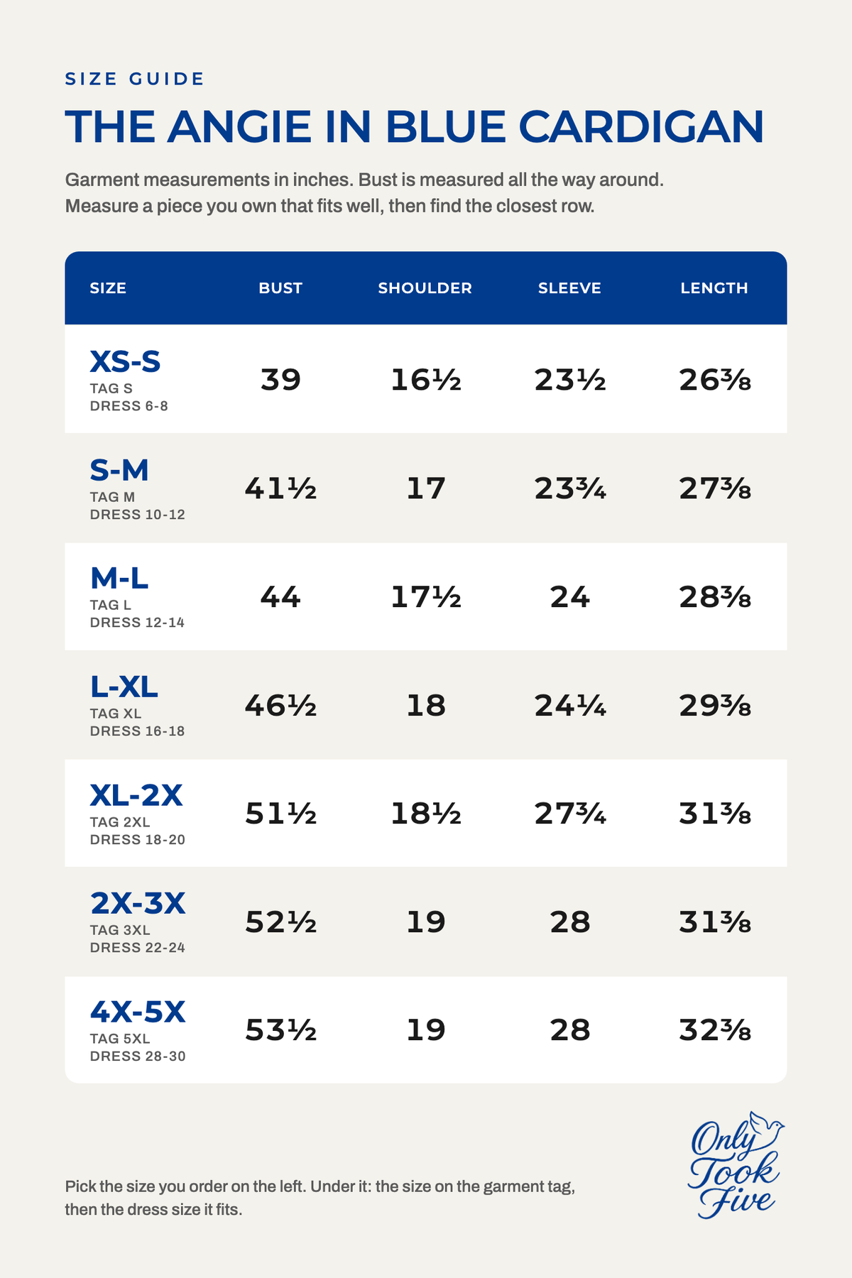 The Angie in Blue Cardigan size guide, garment measurements in inches