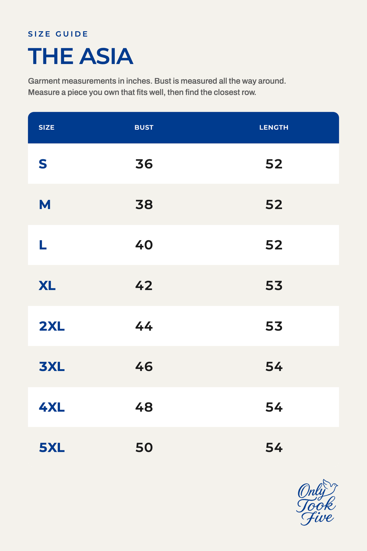The Asia size guide, garment measurements in inches