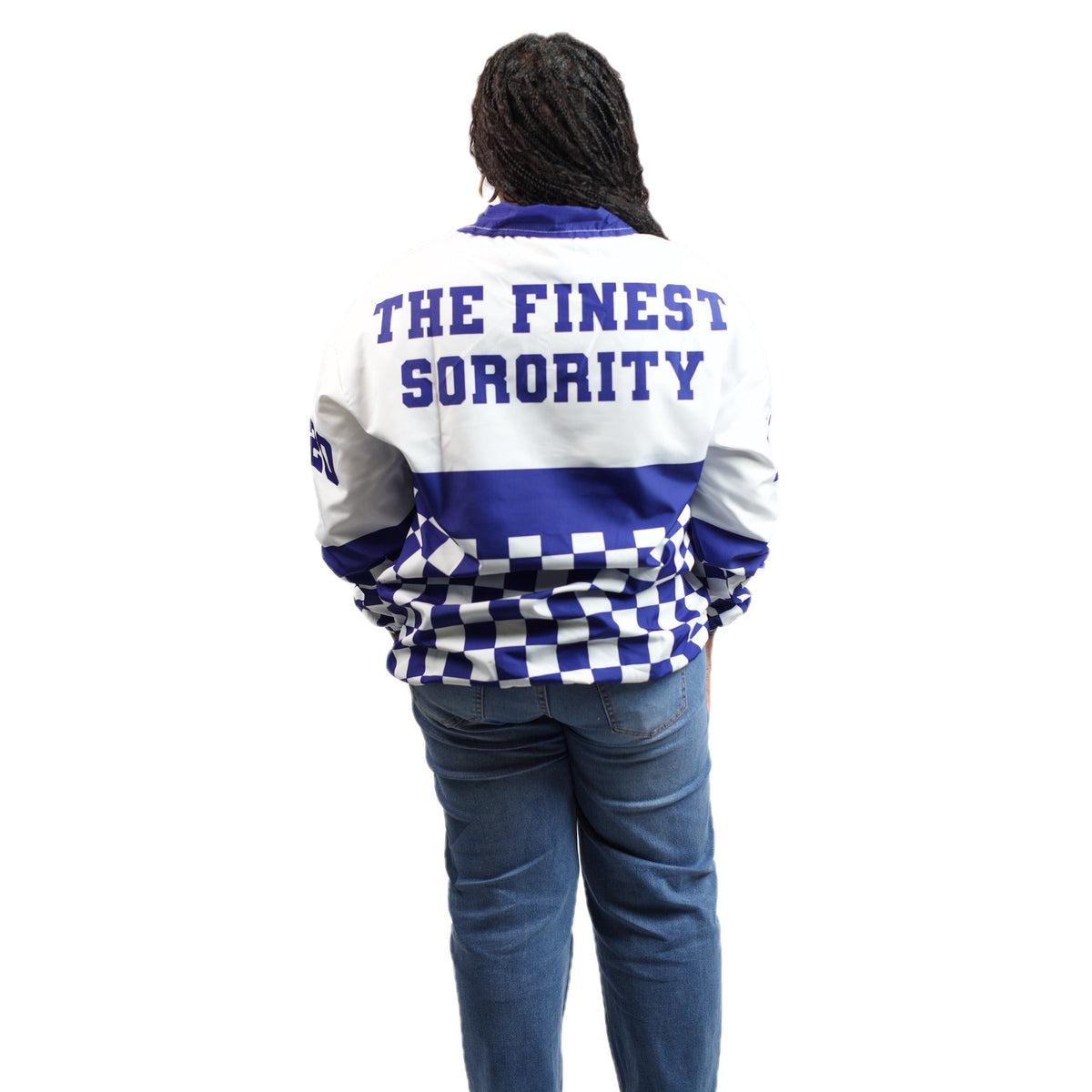Zeta Phi Beta windbreaker back print reading THE FINEST SORORITY