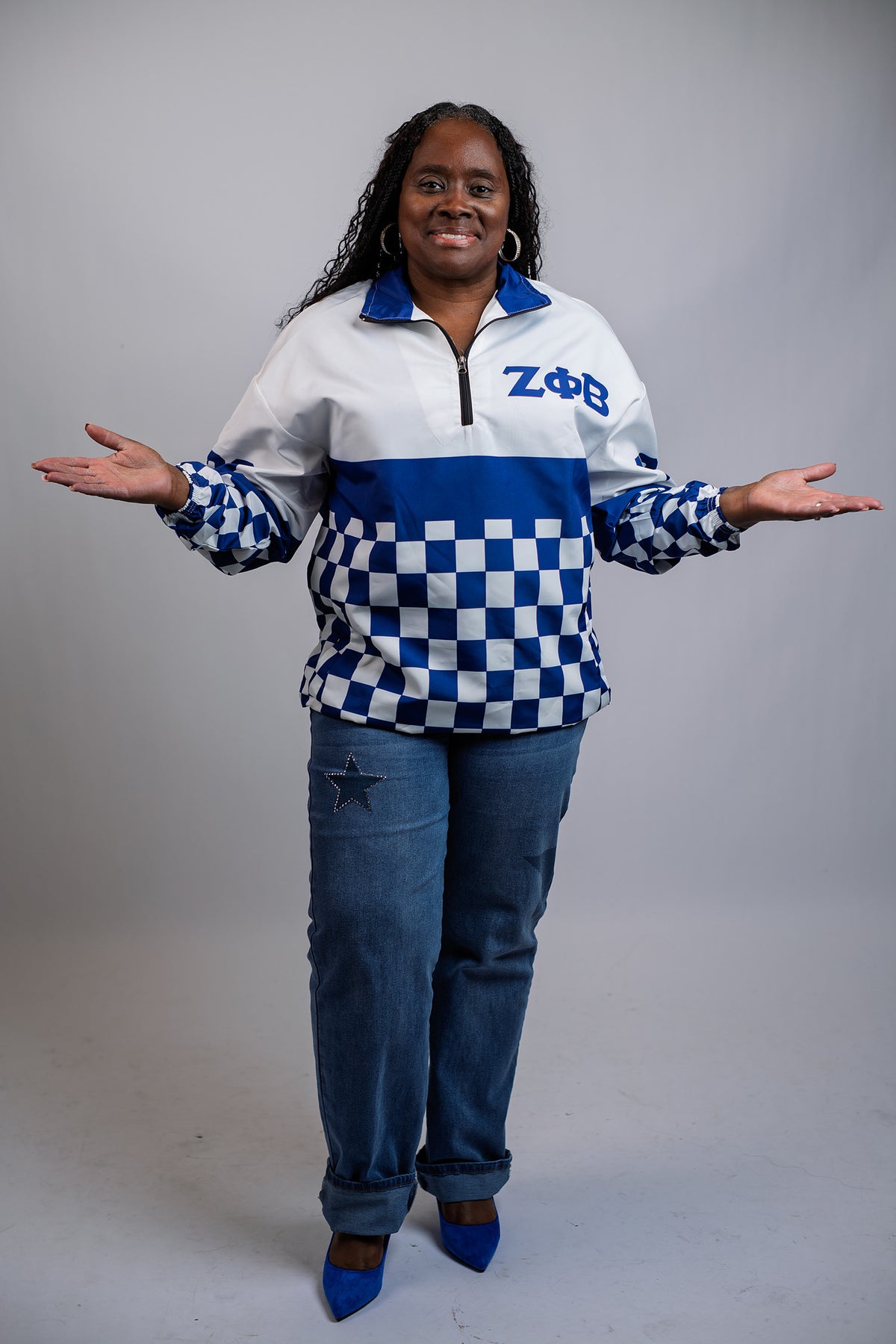 Zeta Phi Beta checkered windbreaker front view with sleeves open