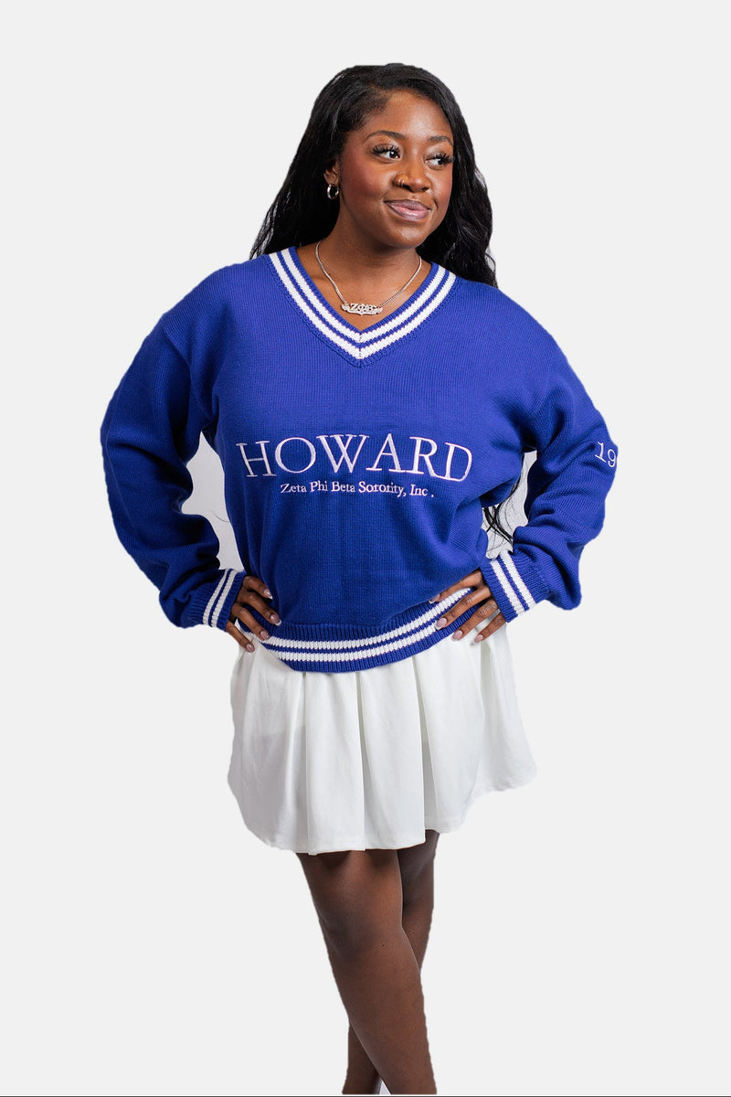 The Howard in Blue, Zeta Phi Beta royal blue V-neck sweater, front view