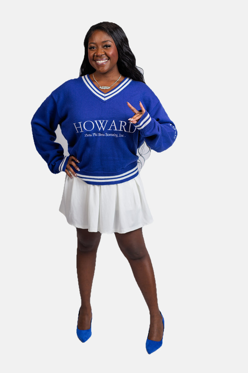 The Howard in Blue Zeta Phi Beta sweater with HOWARD embroidery, front