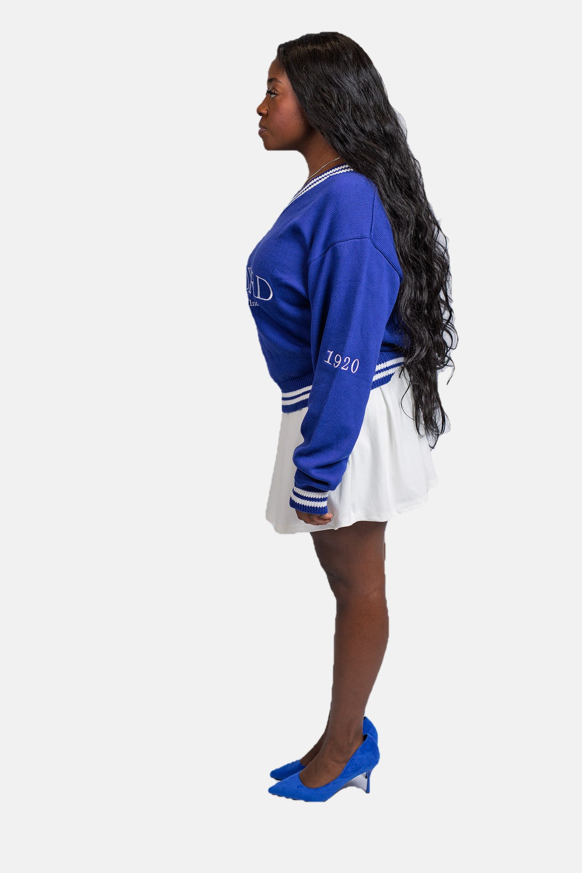 The Howard in Blue Zeta Phi Beta sweater side and back view