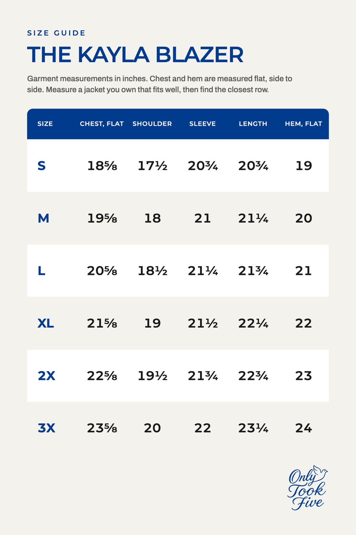 The Kayla Blazer size guide, garment measurements in inches