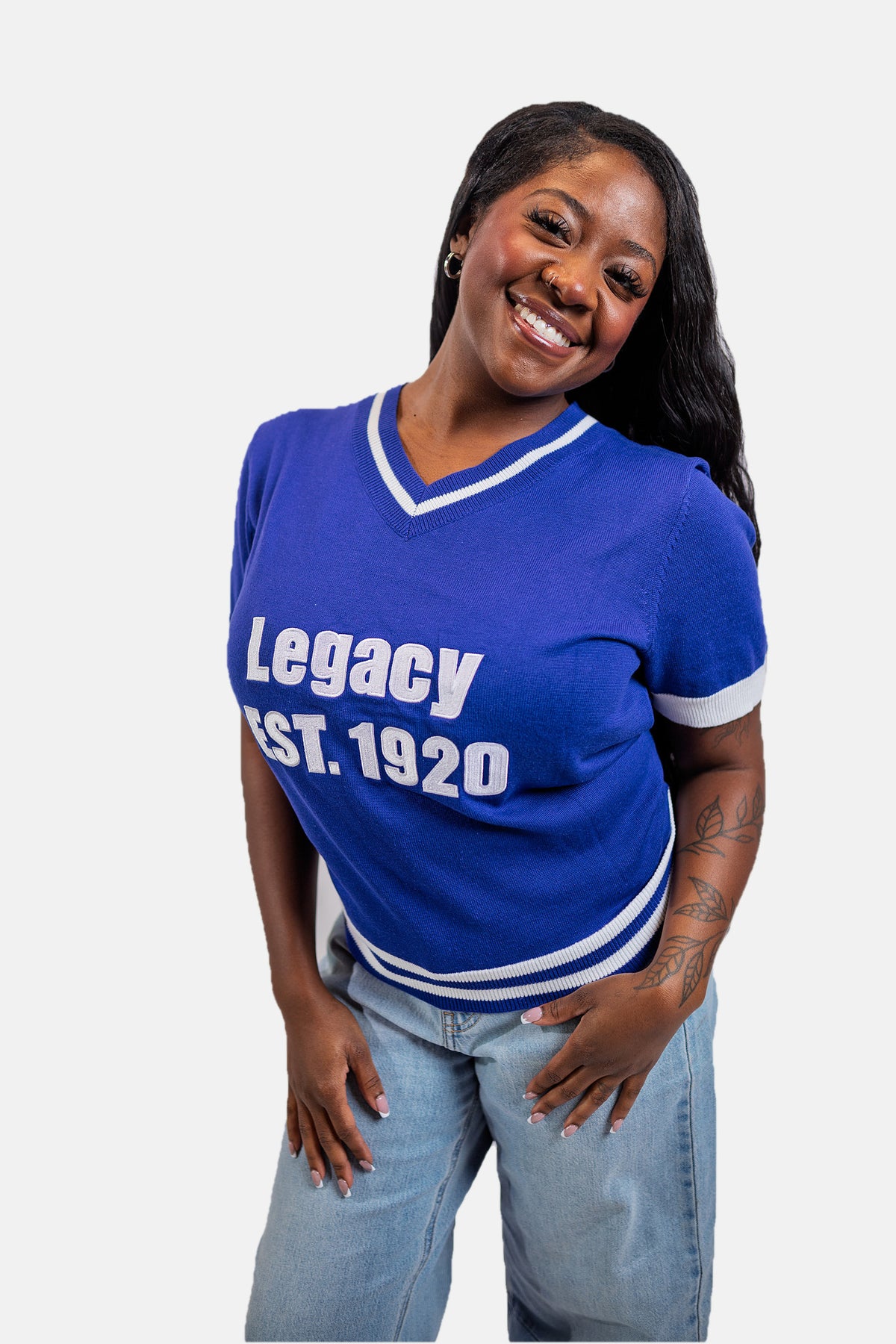 Zeta Phi Beta Legacy sweater shirt in royal blue, front view