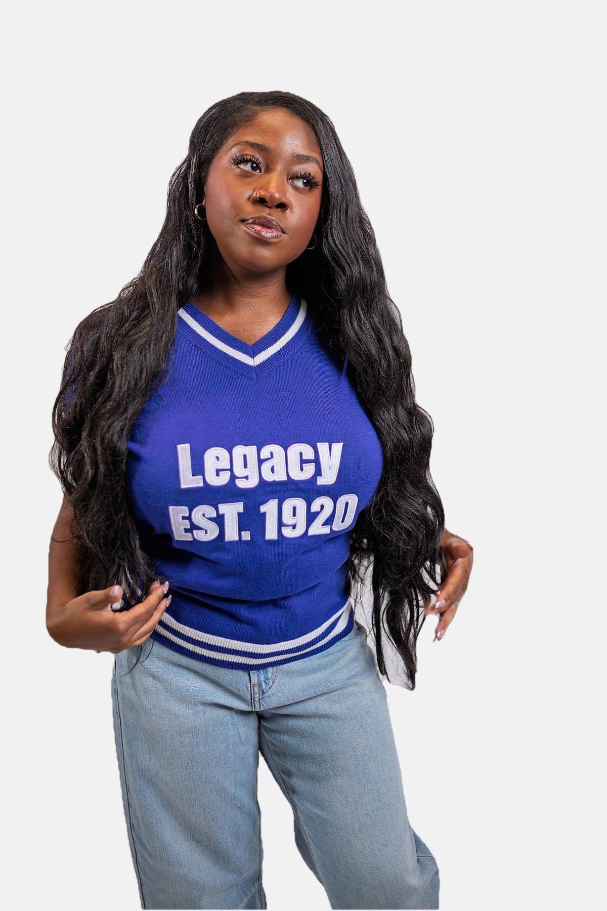 Zeta Phi Beta Legacy sweater shirt front detail on royal blue knit