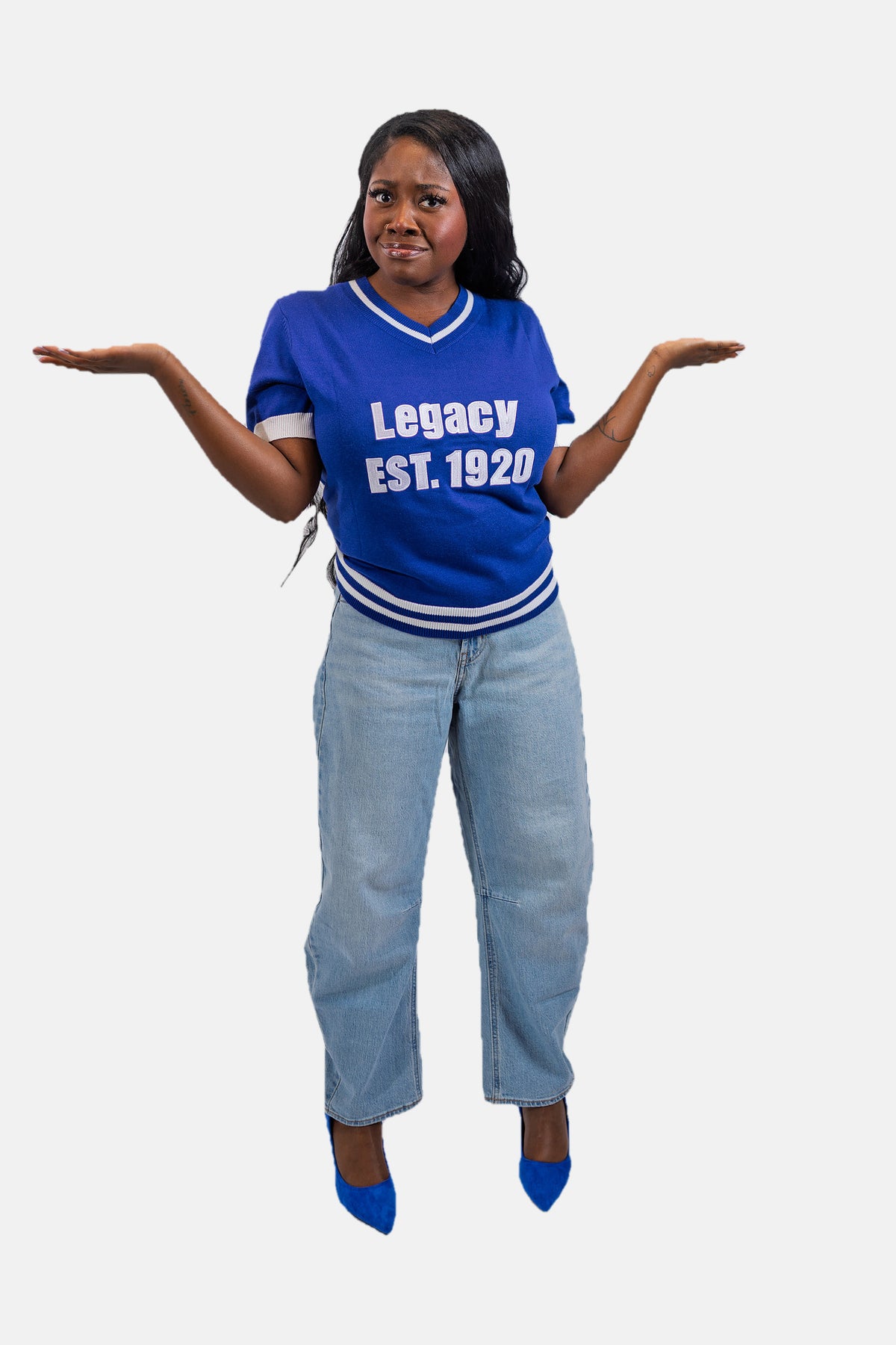 Zeta Phi Beta Legacy sweater shirt showing the white ribbed hem band
