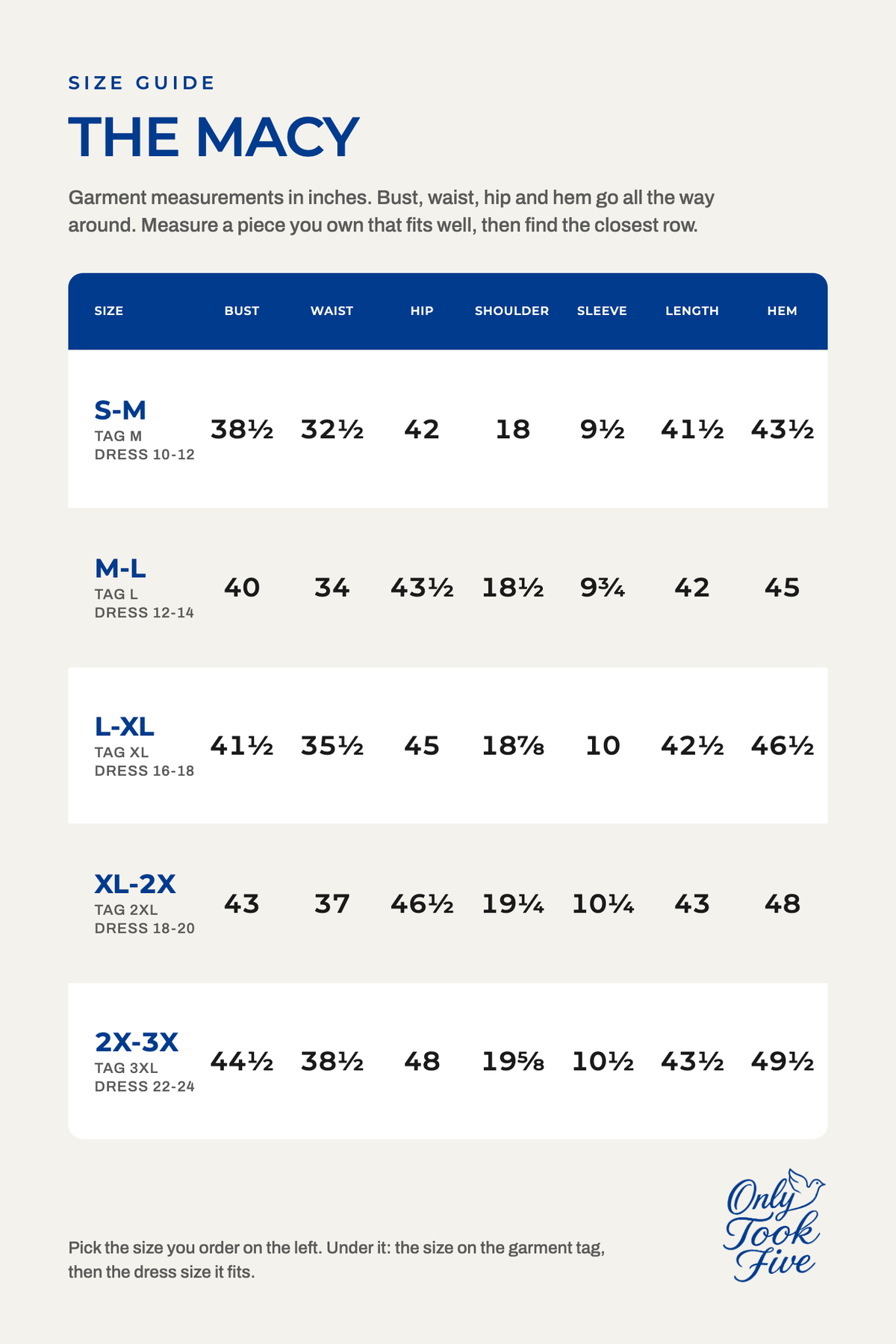 The Macy size guide, garment measurements in inches