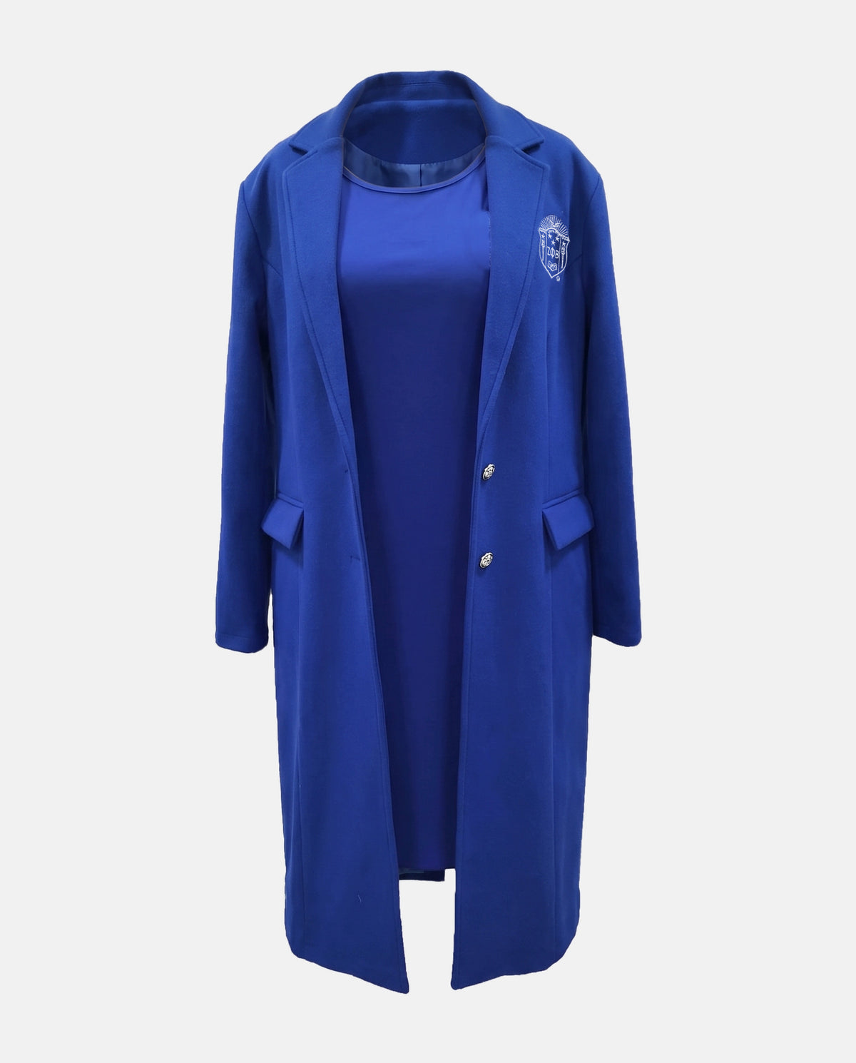 The Michelle two-piece set on an invisible mannequin: Royal Blue coat open over the sleeveless dress, front view
