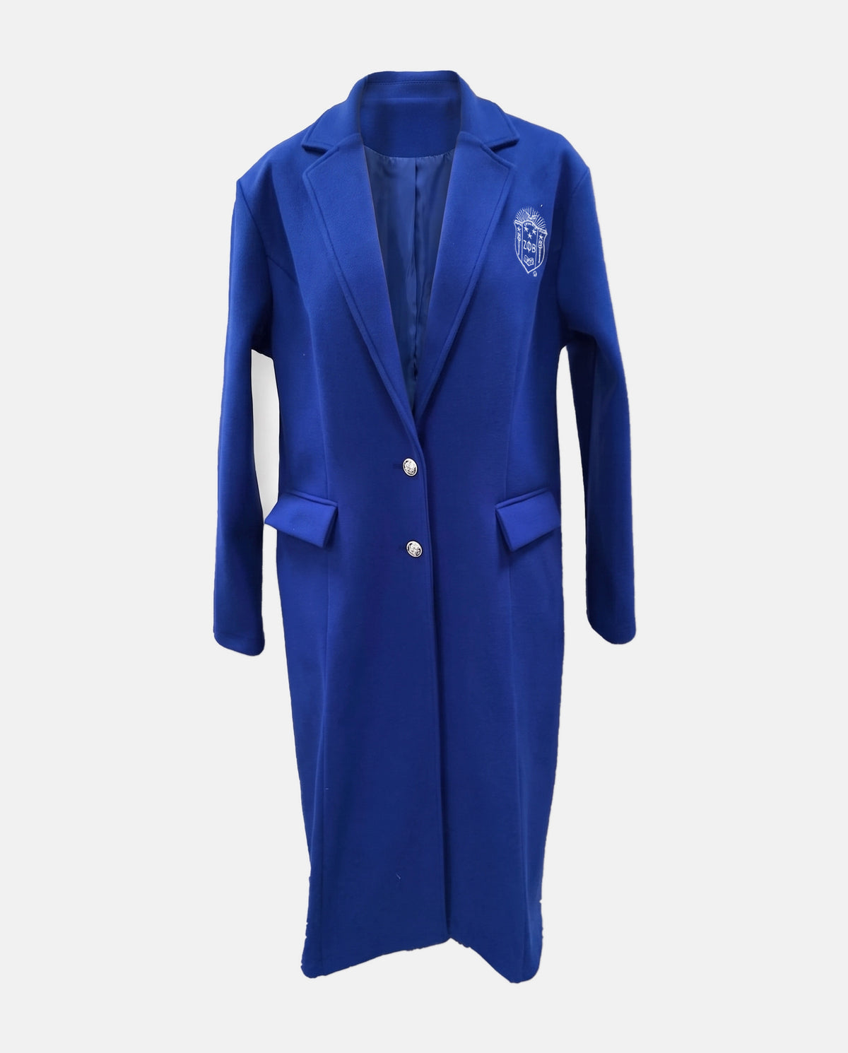 The Michelle ankle-length Royal Blue coat on an invisible mannequin, buttoned with two crown buttons, front view
