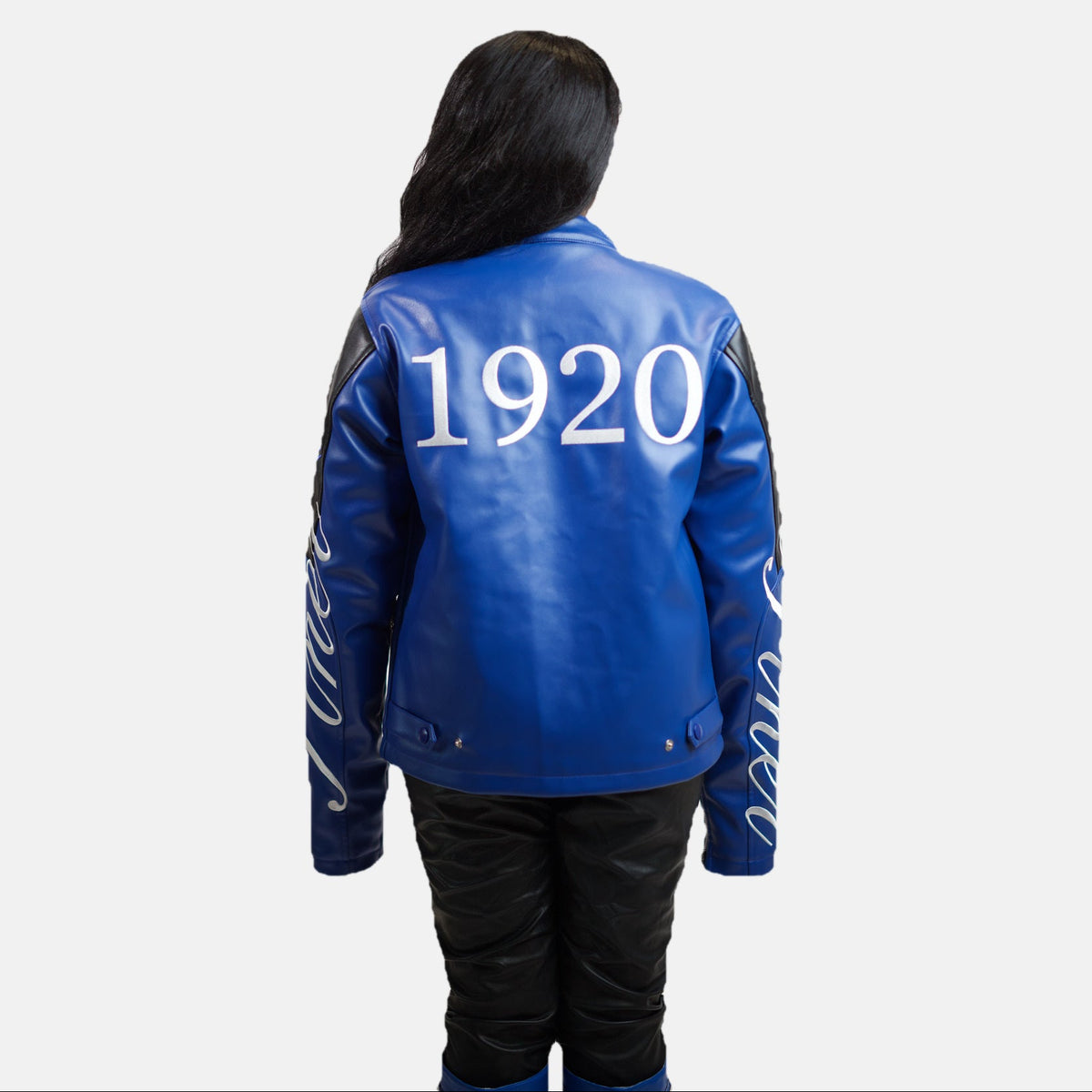 Zeta Phi Beta leather jacket back view with 1920 in white