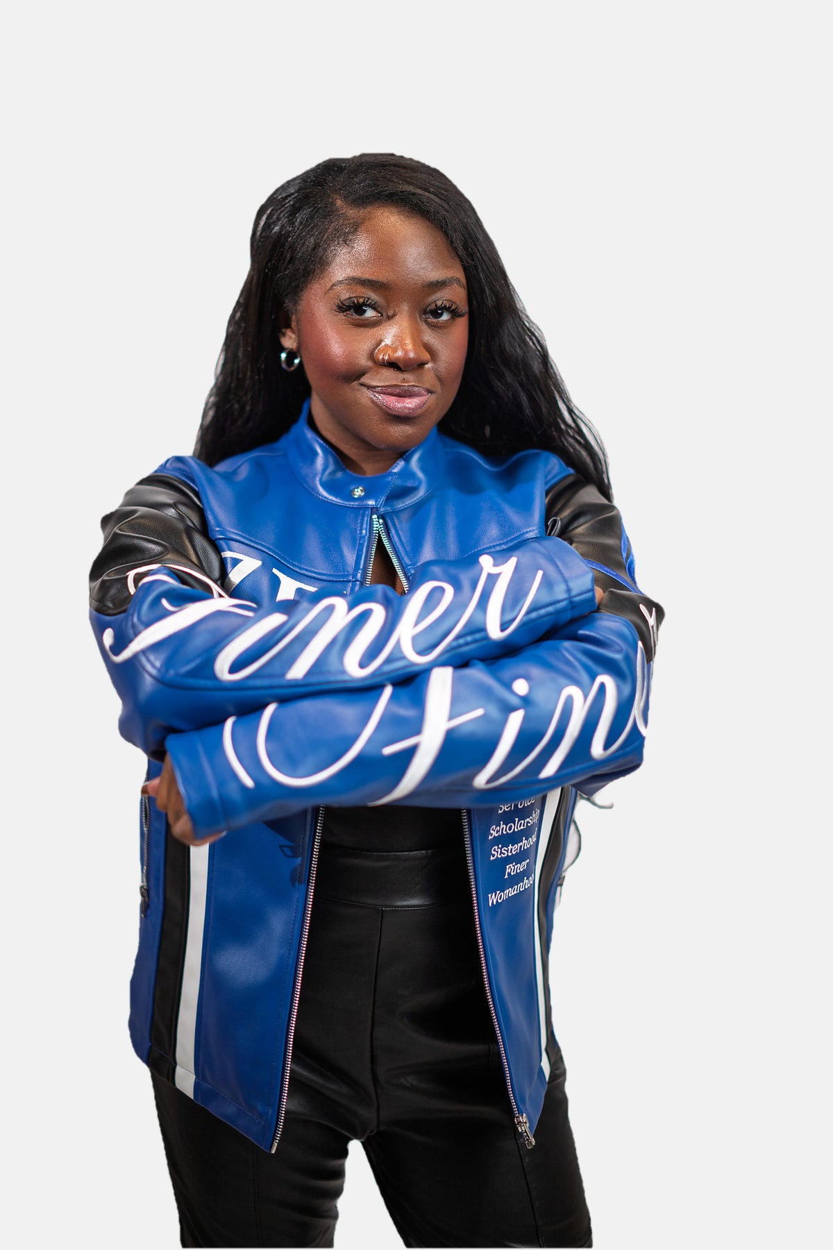 Zeta Phi Beta leather jacket sleeve script reading Finer and Finest