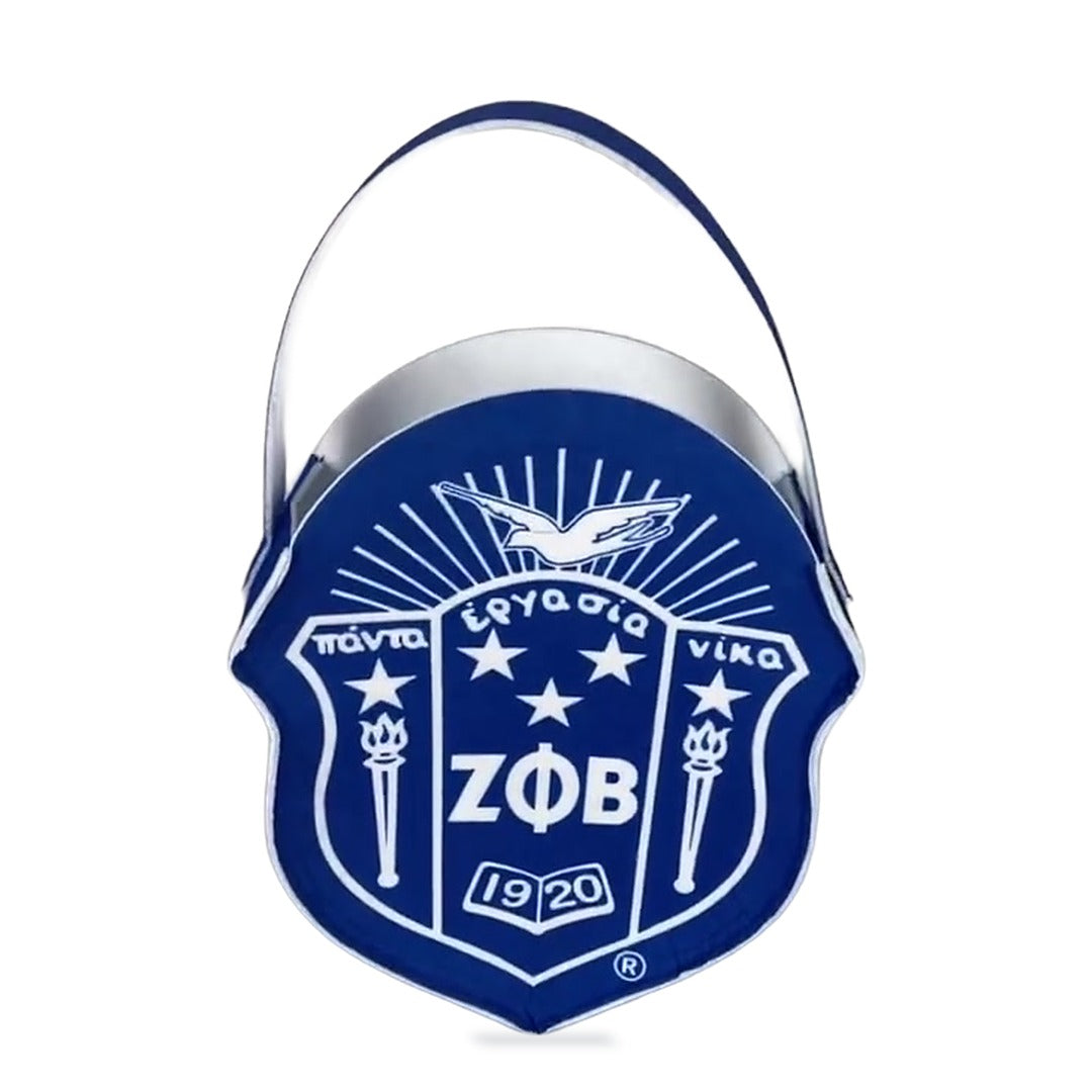 Zeta Phi Beta shield felt gift bag in Royal Blue with the white crest printed on the front, front view