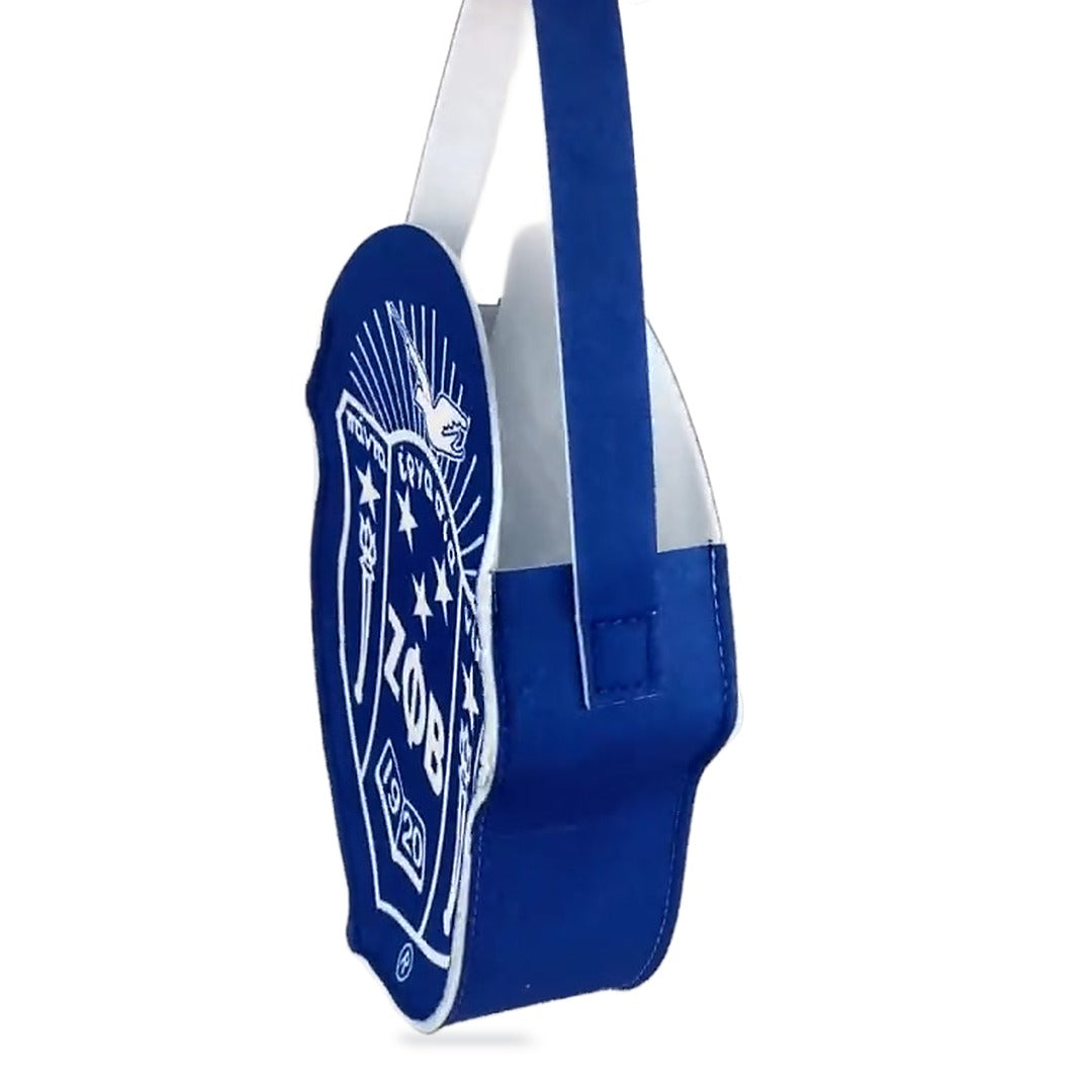 Side view of the Zeta Phi Beta shield felt gift bag, showing the boxy gusset that lets it stand and hold gifts