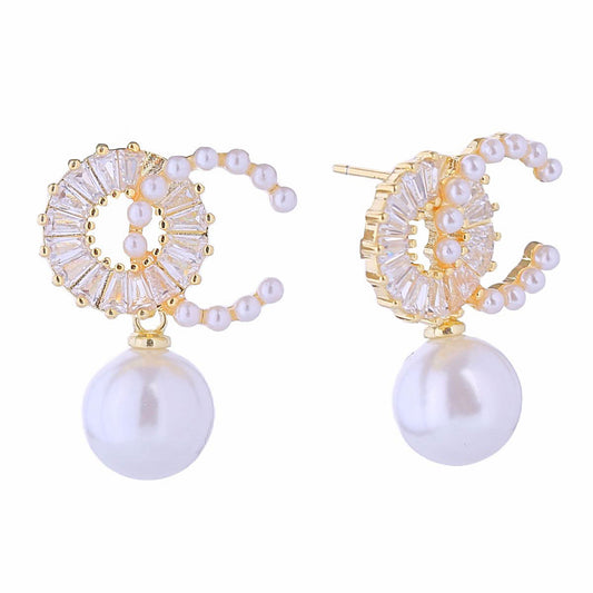 14K Gold CZ Drop Pearl Earrings