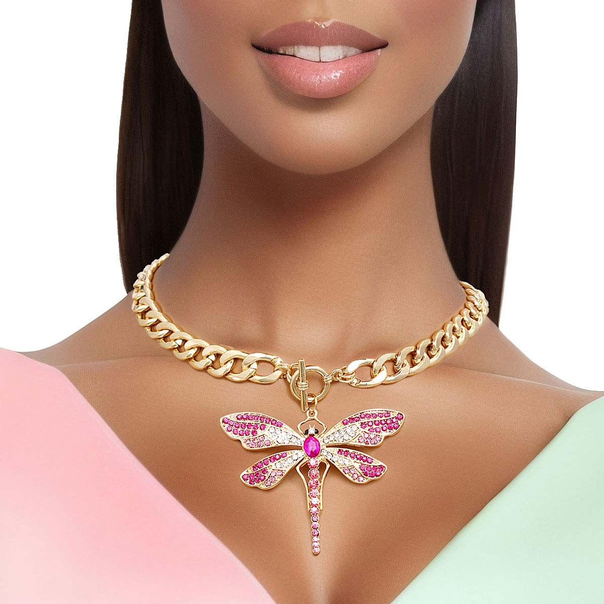 Pink Dragonfly Toggle Necklace