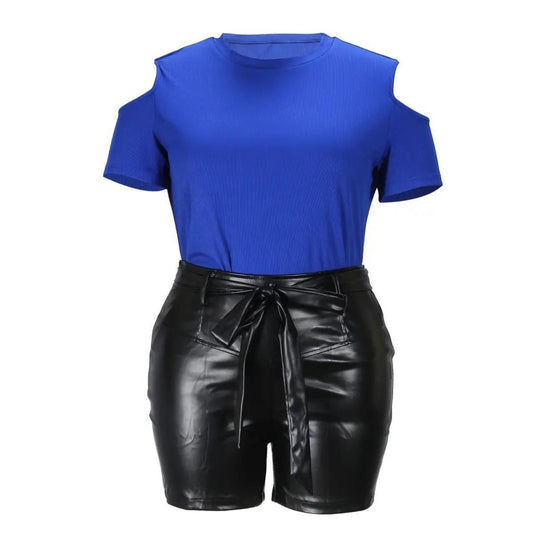 Blue 4XL Faux Leather Shorts Set